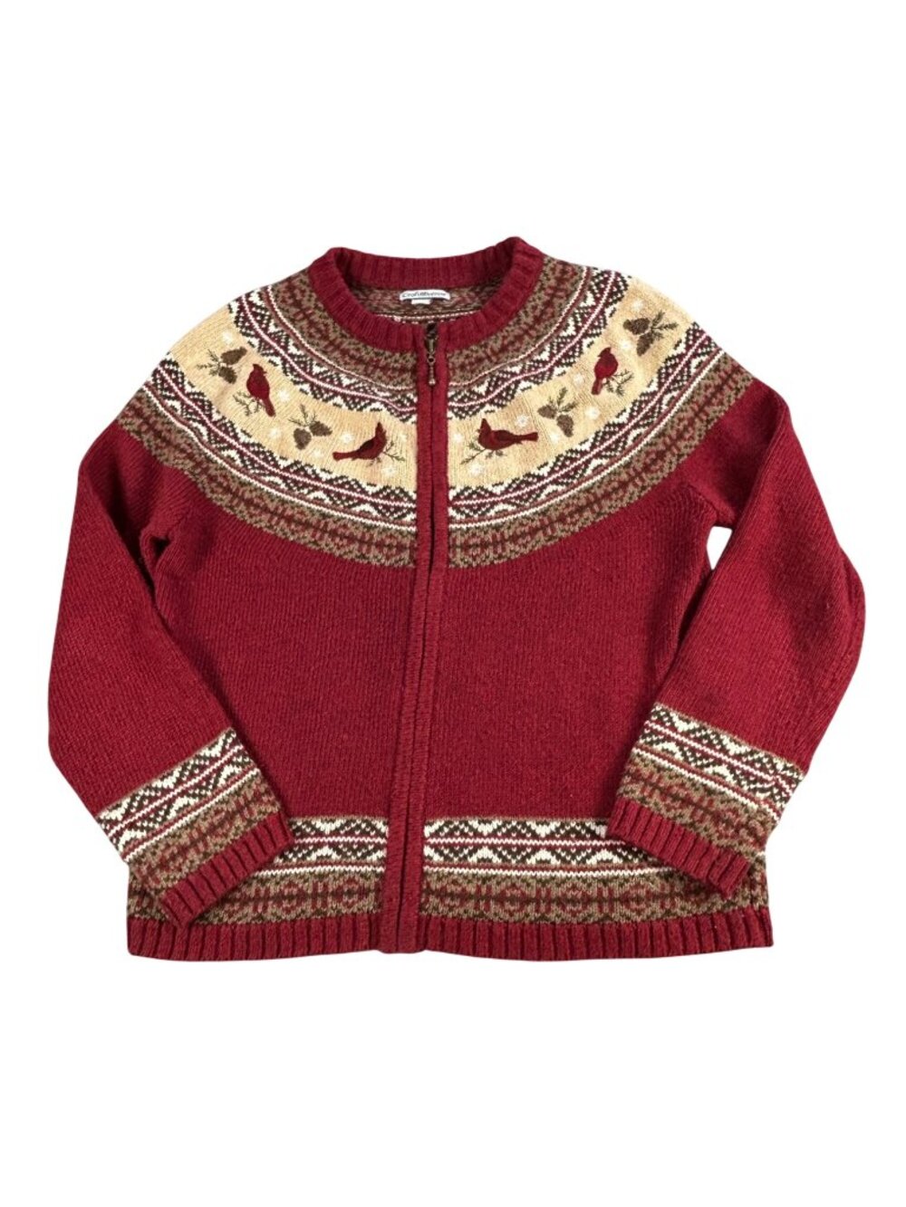 Croft & Barrow Red Cardigan Sweater Petite PS Cardinal & Pinecone Holiday Winter